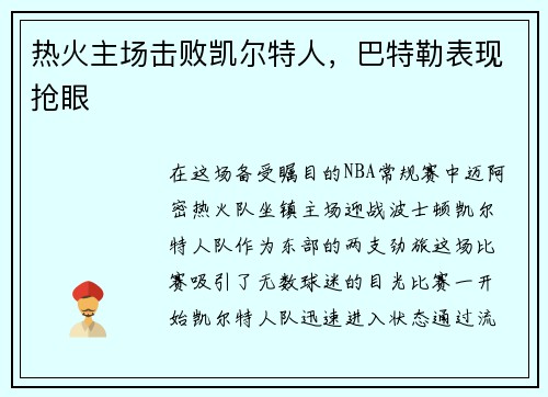 热火主场击败凯尔特人，巴特勒表现抢眼